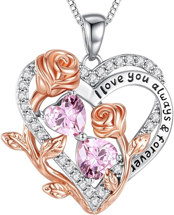 I Love You Birthstone Necklace, 925 Sterling Silver Heart Pendant with CZ Diamond Stones, Birthday Gifts for Women, Romantic Gift for Wife, Girlfriend, Her, Anniversary, Valentine's Day, Christmas