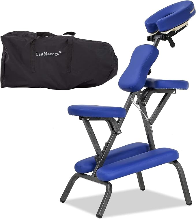 Portable Massage Chair for Tattoo and Spa Foldable Massage Therapy Chair with Adjustable Face Cradle High-Density Cushion Lightweight Design with Carrying Bag Ideal for Salon Use (Blue)