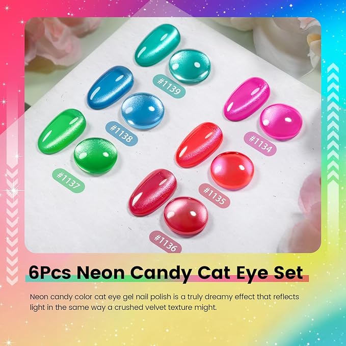 RARJSM Neon Candy Cat Eye Gel Nail Polish Set 6 Colors Bright Pink Blue Green Orange Red Smoothie Ceramic Velvet Silver Cateye Glitter with Magnet Stick UV LED Curing Requires Soak Off Home Salon Diy