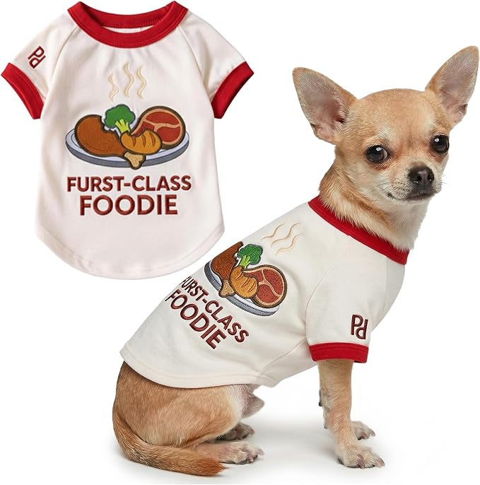 Parisian Pet Dog Furst Class Foodie Shirt - Embroidered Pet Vest - 100% Cotton & Polyester Doggy Shirt - Lightweight Pet Clothes - Sleeved Puppy Costume - Funny Shirts for Small Dogs - S
