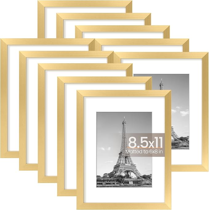 upsimples 8.5x11 Picture Frame Set of 10, Display Pictures 6x8 with Mat or 8.5x11 Without, Multi Photo Frames Collage for Wall or Tabletop Display, Gold | Fit 6x8 Photos and 8.5x11 Certificate, Wall or Tabletop Display, For Gallery Hallway Living Room,...