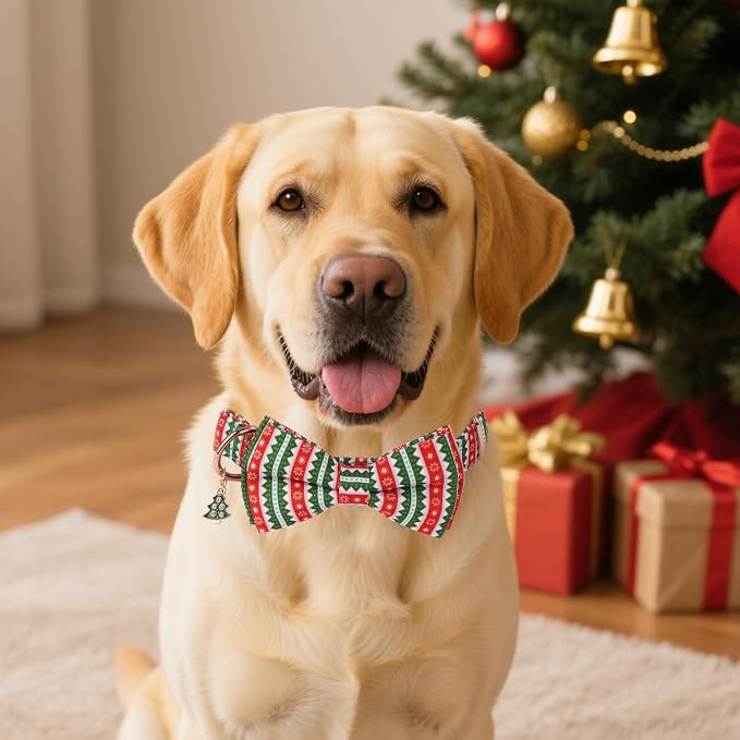 ADOGGYGO Christmas Dog Collars with Bow, Detachable Stripe Xmas Bowtie, Metal Buckle, Adjustable Green Christmas Collars for Medium Large Dogs Boy Girl (Large)
