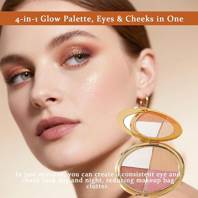 Eye & Cheek Palette - Eyeshadow and Highlighter Makeup, 4-In-1 Face Highlighter Palette for Women, Multi-Purpose Contour Blush and Glow with Mica and Silica, Long-Lasting Silky Texture Makeup Kit