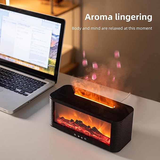 250ML Fireplace Flame Aroma Diffuser, Simulated Fire Effect Essential Oil Diffuser Humidifier with 9 Colors Changing LED Lights, 3H/6H Auto Shut-Off Timer, for Home Bedroom Office, Black