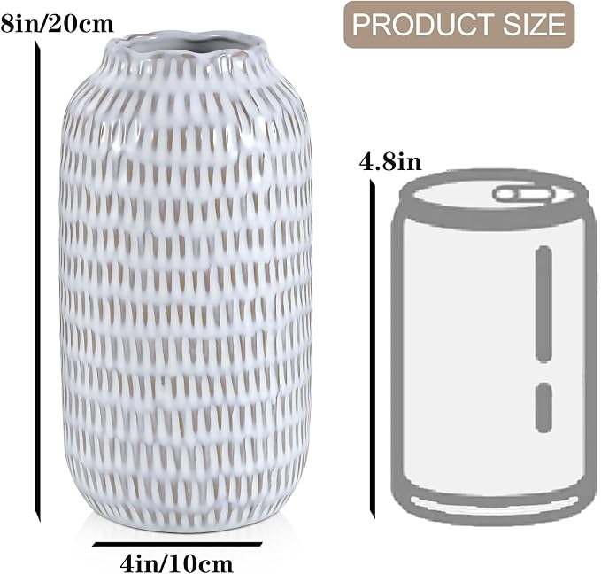 Ceramic Vase for Flowers – Modern Small Ribbed Textured Flower Vase for Home Decor, Pampas Grass, Decorative, Farmhouse, Coffee Table, Kitchen Centerpieces, Bookshelf and Home Living (Glaze White)