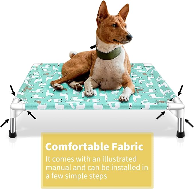 Elevated Dog Bed Pet cot - Pet Bed for Medium Dogs | Raised Pet Bed | Alpaca Print,Indoor and Outdoor ，Breathable Fabric，Stainless Steel Frame, Anti-Slip Feet