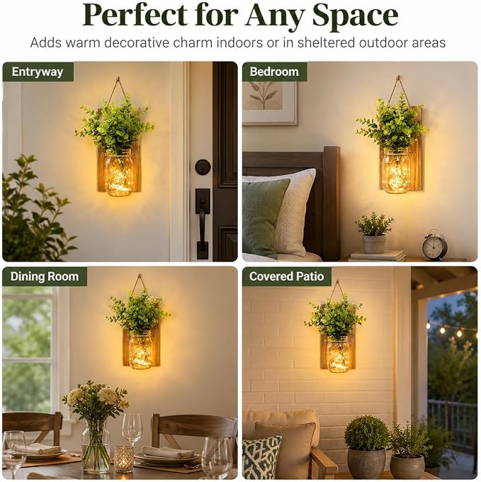Rustic Wall Sconces, Mason Jar Sconces, Farmhouse Home Decor, LED Fairy Lights, Green Fake Plant, Interior Decoration Warm Toned Lighting. (2 Pack)
