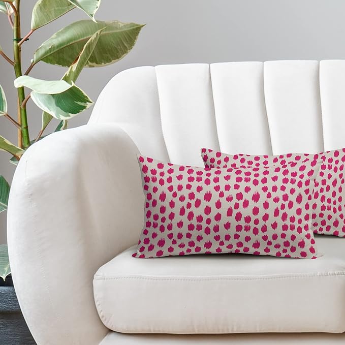 Hot Pink Cream Pillow Covers 12x20 Set of 2 Boho Design Polka Dot Throw Pillows Modern Brush Strokes Print Decorative Outdoor Pillowcase Lumbar Cushion Cover Linen Pillow Case for Home Sofa Couch Bed