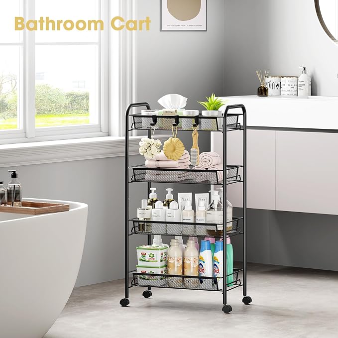 TOOLF 4-Tier Rolling Cart, Metal Utility Cart with 3 Hooks, Easy Assemble Mobile Storage Trolley On Wheels, Metal Shelving Units Kitchen Bathroom Laundry Room
