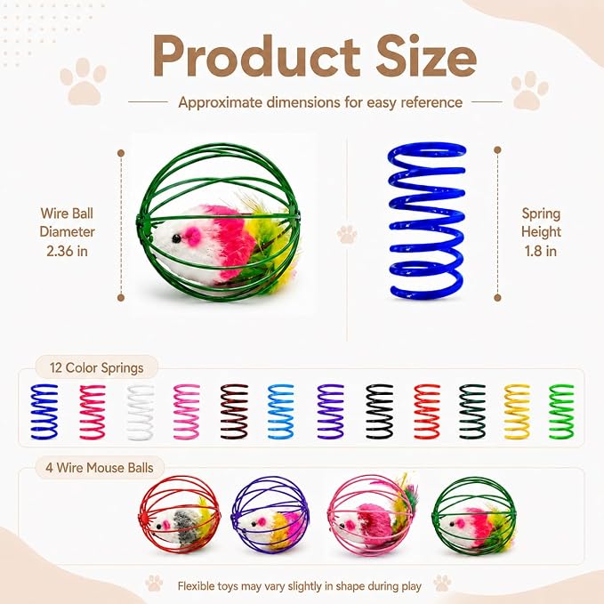 Cat Toys for Indoor Cats, 4 Wire Mesh Mice & 12 Colorful Springs