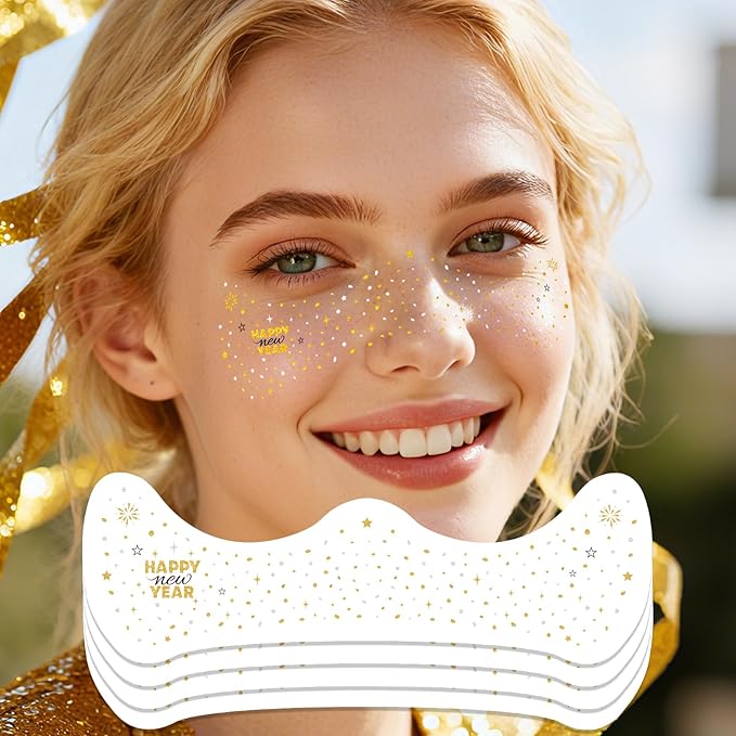 Happy New Year Freckles Face Tattoo - Glittering Stars & Fireworks in Metallic Gold & Silver | Waterproof Facial Gems for NYE Makeup, Festival Celebration & New Years Eve Party Supplies 2026