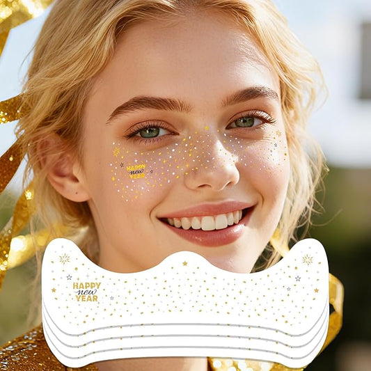 Happy New Year Freckles Face Tattoo - Glittering Stars & Fireworks in Metallic Gold & Silver | Waterproof Facial Gems for NYE Makeup, Festival Celebration & New Years Eve Party Supplies 2026