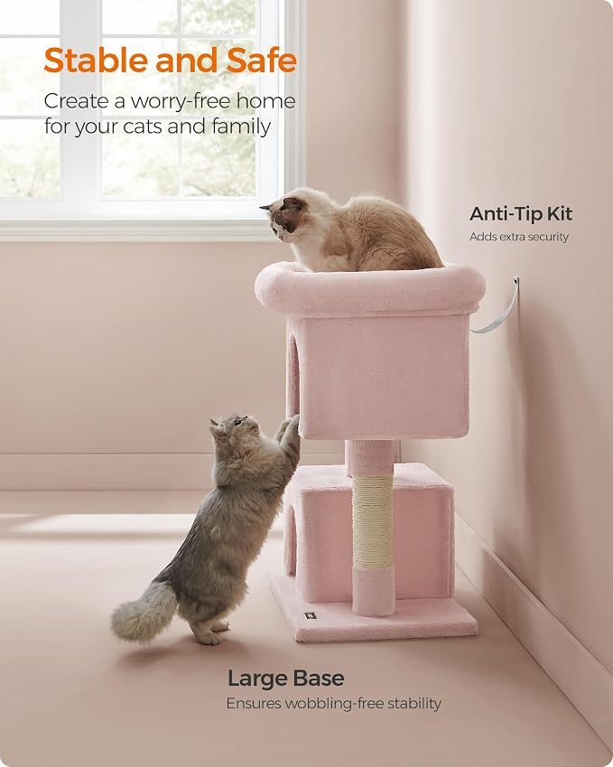 Feandrea Cat Tree, 33.1-Inch Cat Tower, Plush Condo for Large Cats up to 16 lb, Large Perch, 2 Caves, Scratching Post, Jelly Pink UPCT061P01