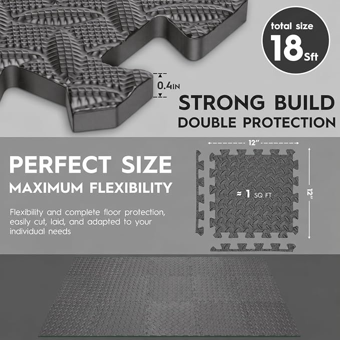 18pcs Puzzle Exercise Mat, 12.6"x12.6"x0.4", 18sqft EVA Interlocking Foam Floor Tiles, Protective, Water-Resistant Flooring for Home Gym & Workout Equipment
