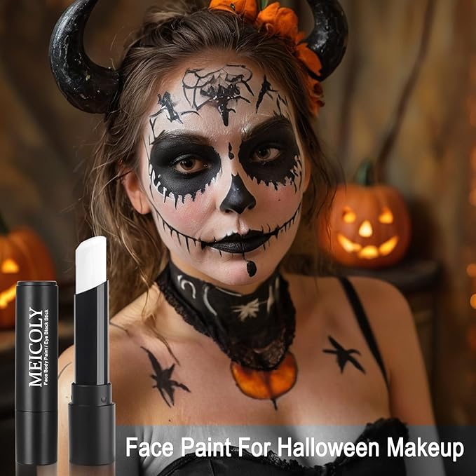 MEICOLY White Face Body Paint Stick for Halloween SFX Cosplay Corpse Clown Makeup,White Face Paint for Adults and Kids,Waterproof Eye Black Stick for Baseball Softball Football Lacrosse