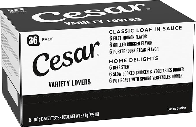 Cesar Loaf and Delights Wet Dog Food, Variety Lovers Pack, 3.5 oz, 36 Count | Real beef or chicken #1 ingredient, no fillers or artificial flavors, easy to digest, slow-cooked, easy-peel trays