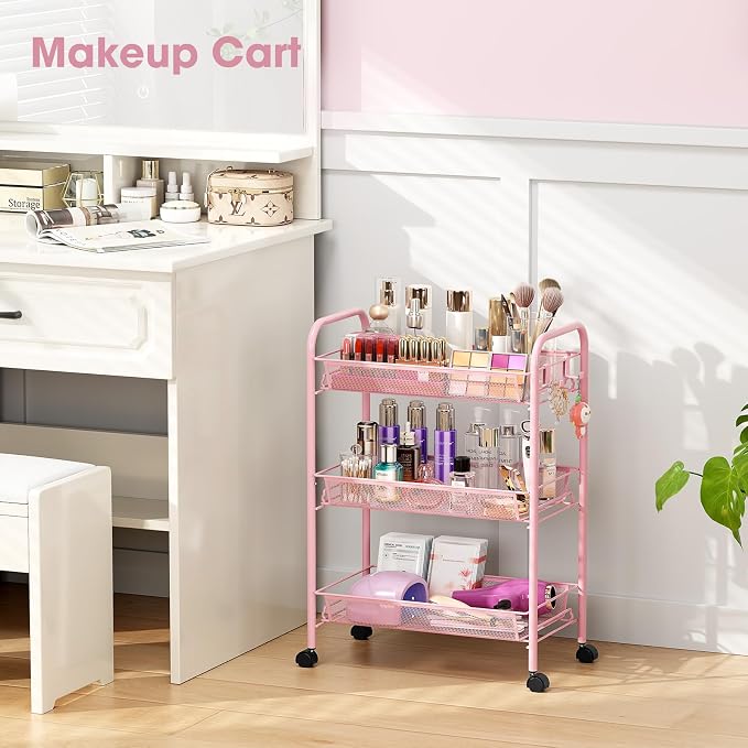 TOOLF 3 Tier Rolling Cart, Metal Utility Storage Cart with Wheels, Pink | 3 Hooks, Screwless Assembly, Trolley Organizer for Bathroom, Kitchen, Office, Nursery, Dorm, Laundry Room