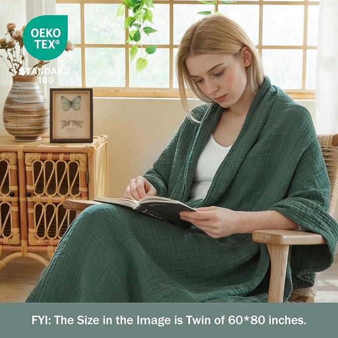 EMME Muslin Blankets for Adults Forest Green Small Blanket 40" x 50" | Throw Blanket for Couch Breathable Gauze Soft Lightweight Airy Light