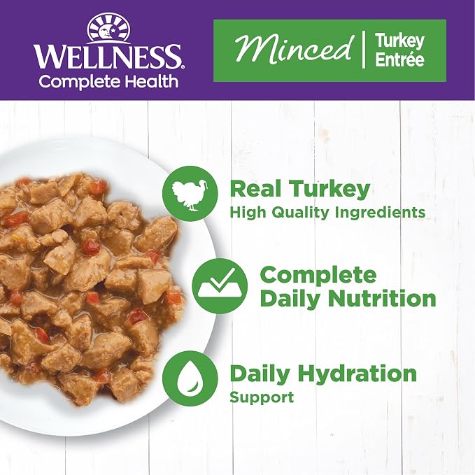Wellness Complete Health Minced Adult Canned Wet Cat Food, Natural, Protein Rich, Grain Free, Turkey Entrée Recipe, 5.5 oz, Pack of 24 Cans