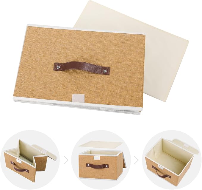 ANMINY Fabric Storage Box Bins with Lids, Khaki, 15"x10"x10", 4 Pack | Keepsake Memory Storage, Cotton Linen, PP Board Reinforced, Washable, PU Handles, Foldable & Stackable, Decorative, Large