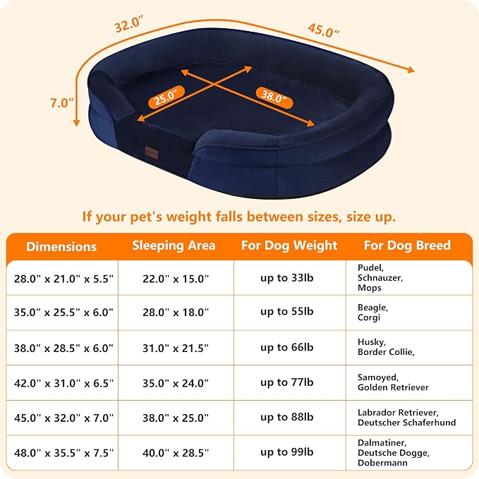 Dwanton Orthopedic Waterproof X-Large Dog Bed Sofa, Gel Memory Foam, 45" | Egg-Crate Foam Dog Sofa, Washable Pet Bed with Four Sided Bolster Cushion, Removable Cover & Non-Slip Bottom, Navy Blue