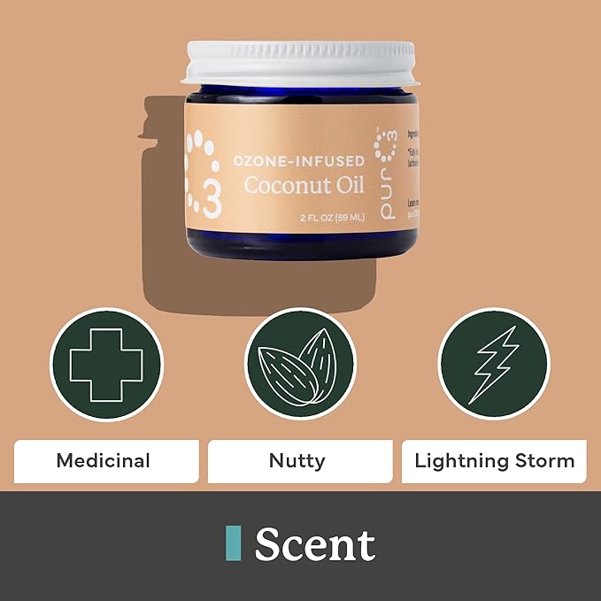 PurO3 Ozonated Coconut Oil – Pure, Natural, Organic Skincare for Face & Body – Oxygenated Healing Lotion, Moisturizer & Beauty Cream in a Glass Jar – O3 Therapy Salve, 2 oz