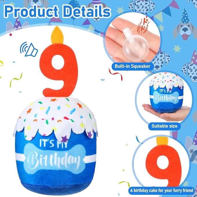 Dansydaisy Dog Birthday Cake Toy Squeaky Plush Gift,9th,Blue