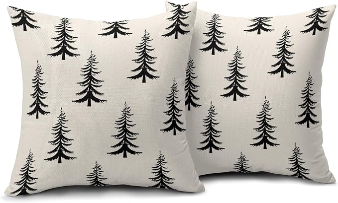 Christmas Pillow Covers 20X20 Inch Set of 2 Rustic Black White Xmas Tree Decorative Pillow Cases Winter Holiday Cotton Linen Cushion Case Farmhouse Home Decor for Sofa Couch Bedroom