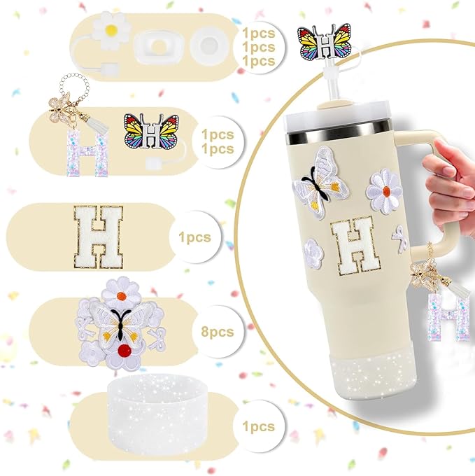 15PCS Cup Accessories Set for Stanley Cup 30oz 40oz Tumbler with Handle, Including Silicone Straw Cover and Boot, Spill Proof Stopper, Stanley Charms, Handle Charm, Initials Sticker