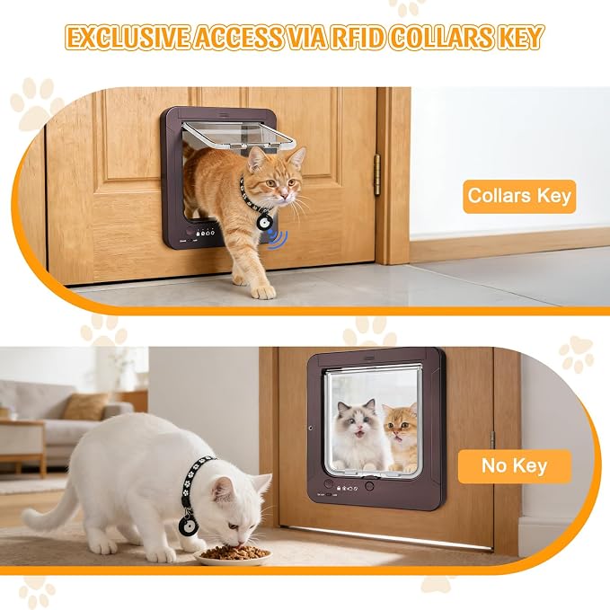 Smart Cat Door with 4 Collar Sensor Key, RFID Cat Door Collar Activated with Remote Control, 4 Way Locking Cat Flap Automatic Pet Door Interior & Exterior(Brown)