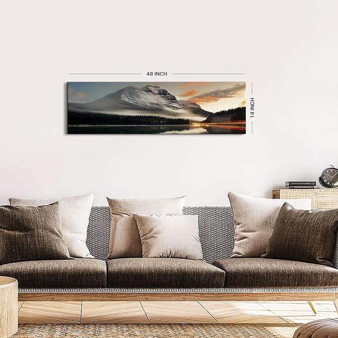 Sunset Mountain Landscape Canvas Wall Art for Living Room Wall Decor 14x48" Black and White Nature Forest River Scenery Picture Prints Paintings Artwork for Bedroom Bathroom Office Home Decoration