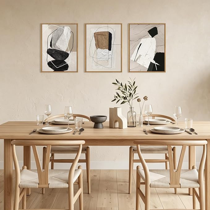 ANHUIB Neutral Abstract Wall Art Canvas,Black Beige Artwork, Modern Textured Framed Wall Art, Minimalist Geometric Painting,16x12Inches Set of 3 for Living Room Bedroom