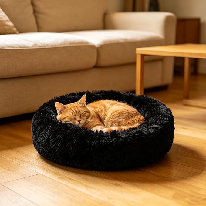 Cat Beds for Indoor Cats - Cat Bed Washable 24 inches, Dog Beds for Small Medium Dogs, Anti Anxiety Round Fluffy Plush Faux Fur Cat Bed, Thick Bottom (Dark, Large 24" L x 24" W)