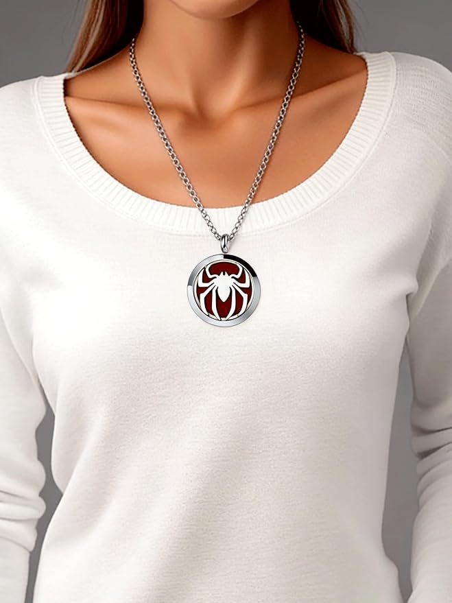 Essential Oil Diffuser Necklace - Aromatherapy Stainless Steel Spider Pattern Locket Pendant Jewelry Set for Birthday Christmas Halloween Women Men Teen