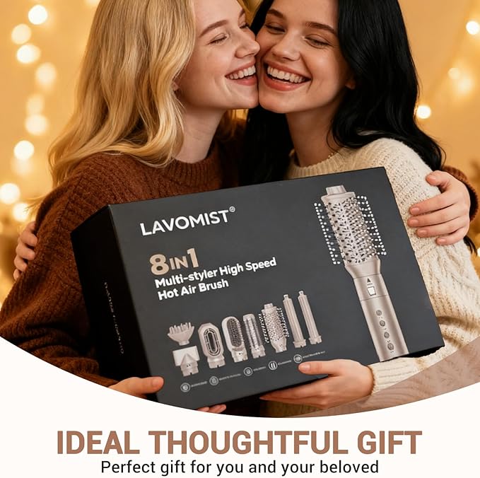 Lavomist 8-in-1 Dual Voltage Hot Air Styler & Hair Dryer Brush with Straightener & Curler Attachments, 110,000 RPM Ionic Fast Drying for Frizz-Free Styling, Includes Travel Bag
