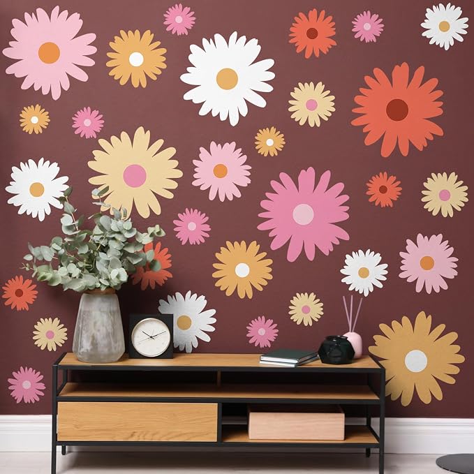 TaoBary 12 Sheet Daisy Wall Sticker Decal,Bright Color,Artsy Style | Big Flower Wall Sticker, Pink White Floral Decal, Daisy Bedroom Room Decor, Removable Peel and Stick, Nursery Home Wall Decor