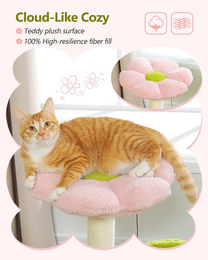 Flower Cat Tree, 28" Cat Tower with Cozy Flower Perch, Large Hammock for Indoor Small Cats, Cute Cat Tree with Sisal Scratching Post and Fur Toy Ball for Kittens, Pink | Plush flower perch, Metal frame hammock, Sisal post, Fluffy toy ball, Thickened st...