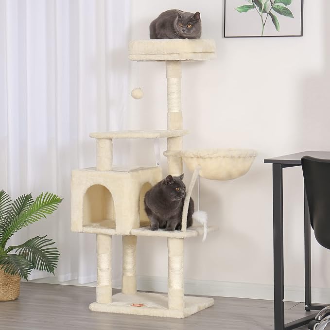Heybly Cat Tree with Toy, 43.3 inch Cat Tower for Indoor Cats HCT004M | Cat Condo with Durable Sisal Scratching Posts, Cat House with Padded Plush Perch, Cozy Hammock, Beige