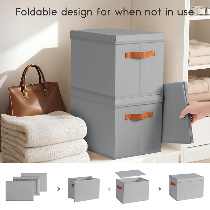 Storage Bins with Lids - Fabric Storage Baskets for Shelves, 8 Pack Foldable Decorative Boxes with Handles, Stackable Organizer Bins for Home, Nursery, Dorm, Grey