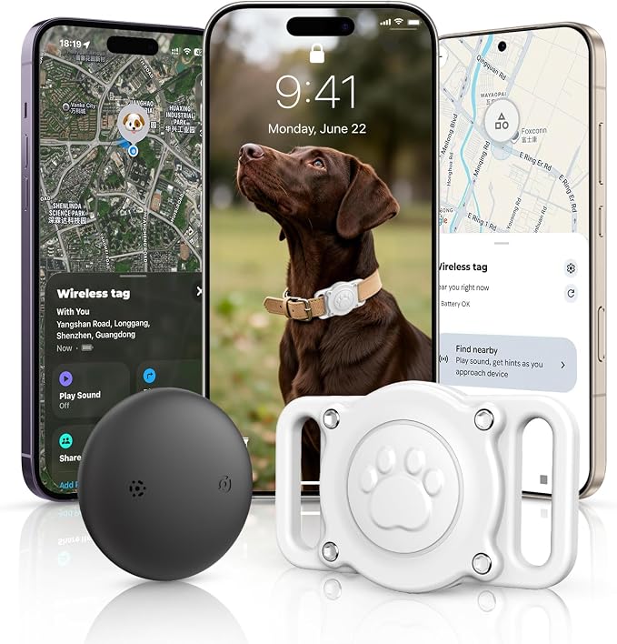 GPS Dog Tracker Collar (iOS & Android), Pet Activity Tracker No Monthly Fee | Pet Location Tracker with Holder Works with Apple Find My & Google Find Hub, Finder Tag for Pets, Items White 1 Pack