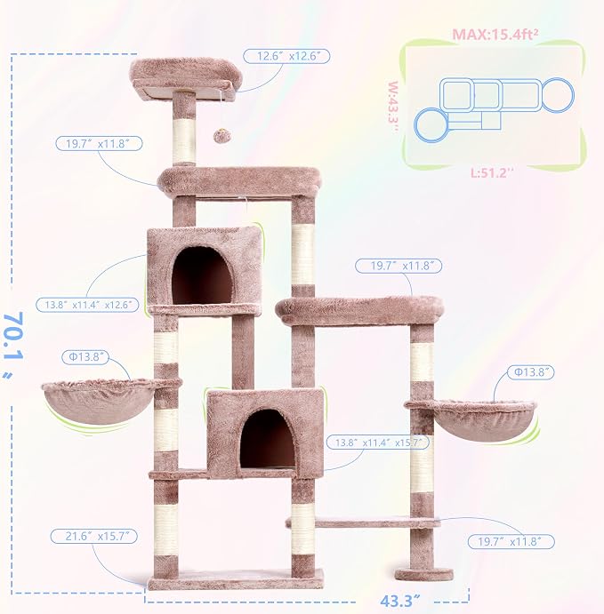 Hey-brother Cat Tree Tower with Stable Extended Base, 3 Platforms, MPJ038MU | 70.9 Inches Multi-Level Sisal Scratching Posts, Wide Bed, 2 Cozy Condos, 2 Hammocks, Toy Balls for Indoor Cats, Muchroom
