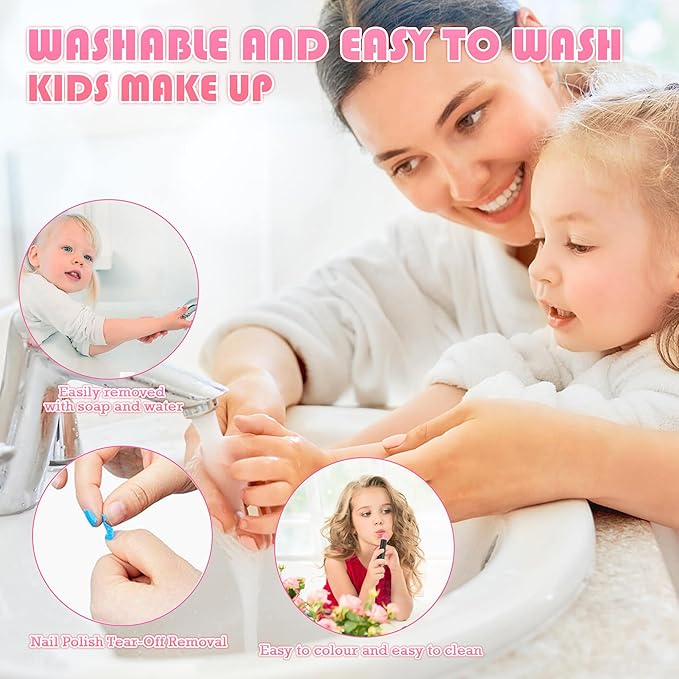 Kids Makeup Sets for Girls - Washable and Safe Makeup for Kids with Dresser Vanity Case, Girls Makeup Sets Ages 3-12, Christmas Birthday Gifts Toys for 4 5 6 7 8 9 Year Old Girl(Pink Purple)
