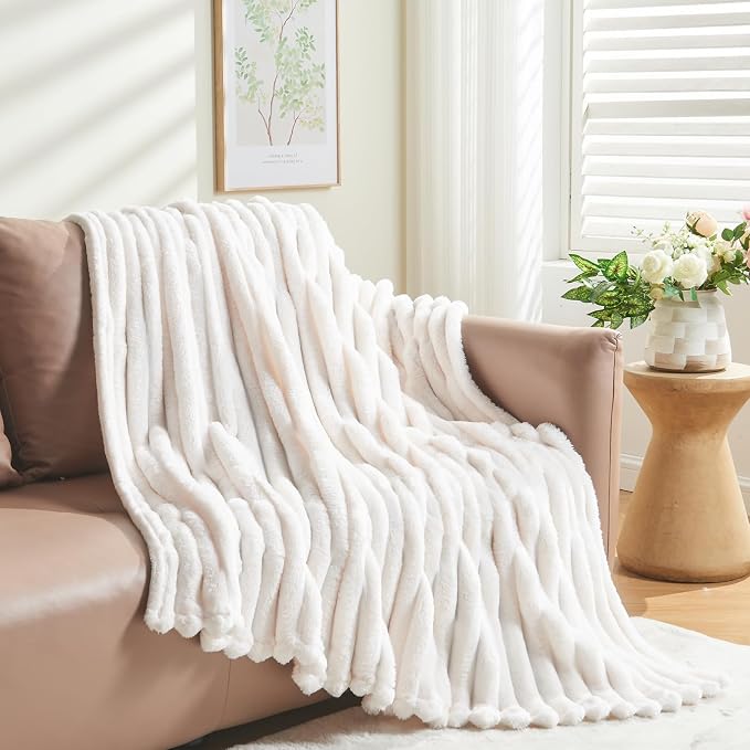 NEWCOSPLAY Fleece Ribbed Cozy Twin Blanket for Couch, Ivory, 60"x80" | Premium Silky Flannel Blanket, Soft Lightweight Fluffy Throw Blanket for Bed Sofa Decor, Gift for All Season Use