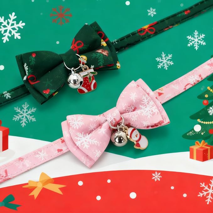 2 Pack Christmas Cat Collars with Bow Tie & Bell, Green & Pink Breakaway Kitten Collar, Adjustable Safety Holiday Collar for Girl Boy Cats
