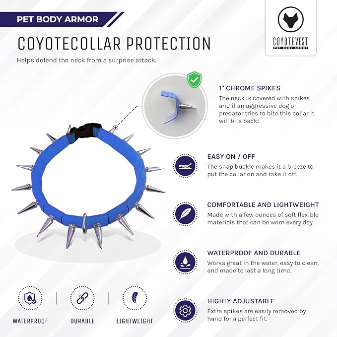 CoyoteCollar Spike Dog Collar, Adj/Replaceable Spikes, Large, Blue