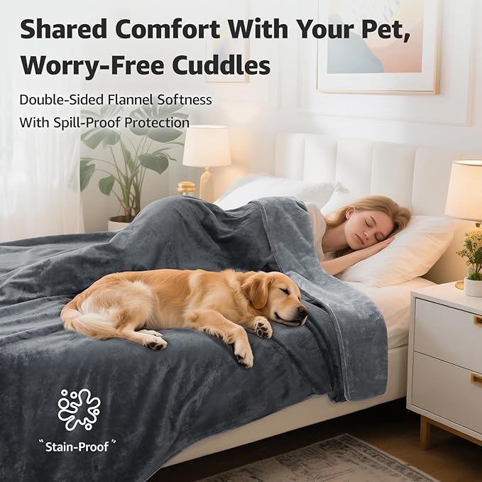 LOOBANI Waterproof Blanket for Bed, Soft Flannel Twin Bed Blanket 60" x 80" | Reversible Leakproof Dog Pet Blanket for Pet Accidents, Cozy Warm Throw for Couch Cover, Movie Time, Camping, Travel, Grey