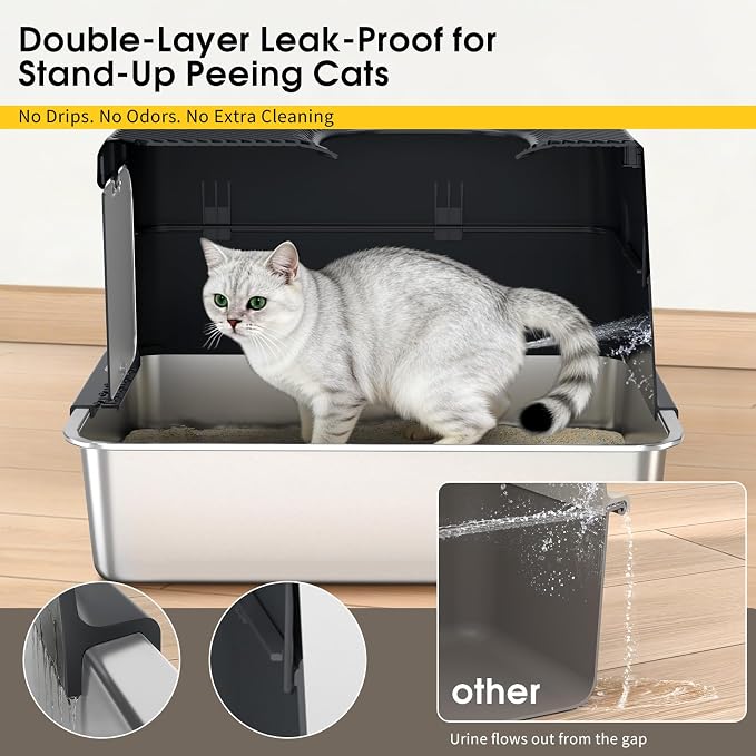 Enclosed Stainless Steel Litter Box with Lid for Most Adult Cats | 50% Thicker Metal, Leak-Proof High Sides, 3-in-1 Convertible, Non-Stick Surface, Odor Resistant, Easy Clean