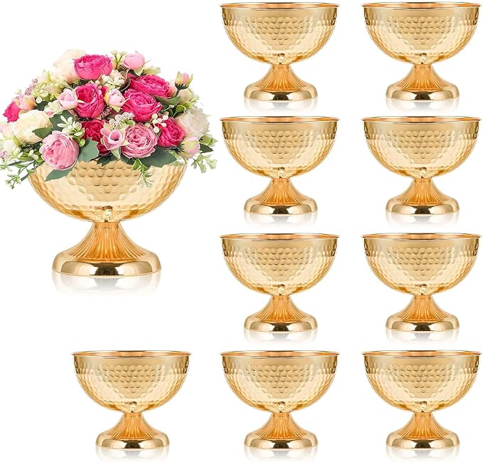 Metal Urn Vases for Centerpieces - 6.3" Tall Flower Pot Planters, Wedding Table Decor, Party Reception, Home Floral Arrangement (10, Gold)