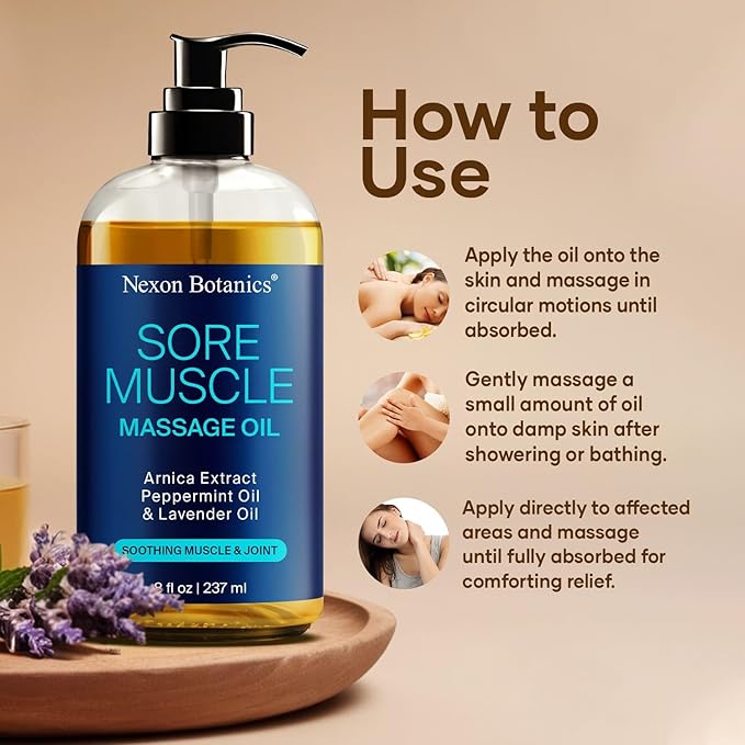 Sore Muscle Massage Oil for Massage Therapy 8 fl oz - Refreshing and Relaxing - Natural Oils with Arnica, Peppermint and Lavender Oil - for Men and Women - Nexon Botanics