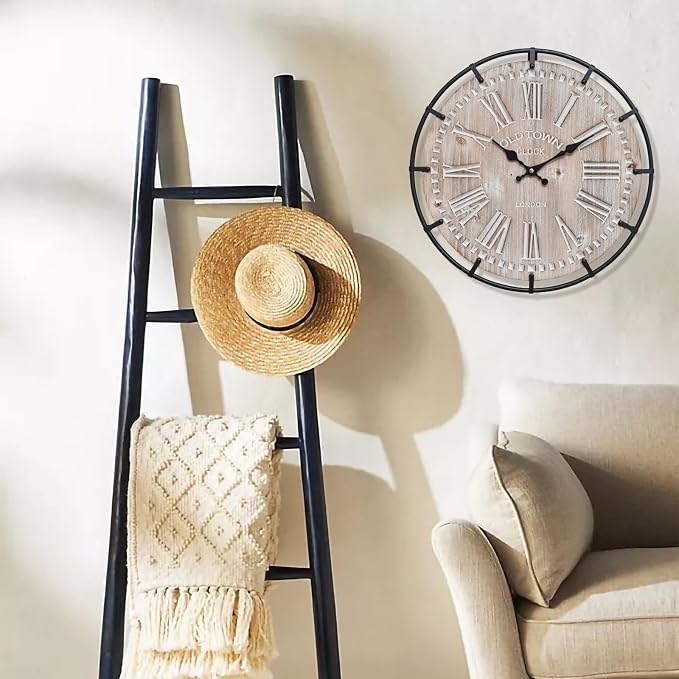 EMAX HOME 12 Inch Farmhouse Wall Clock Rustic Antique Wood with Metal Circle and Large Engraved Numerals, Silent Battery Operated Wall Clock for Office Kitchen Bedroom Living Room
